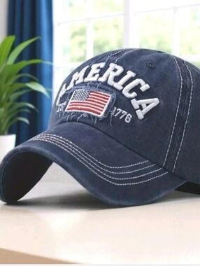 America Embroidered Flag Baseball Cap - Navy For Adults